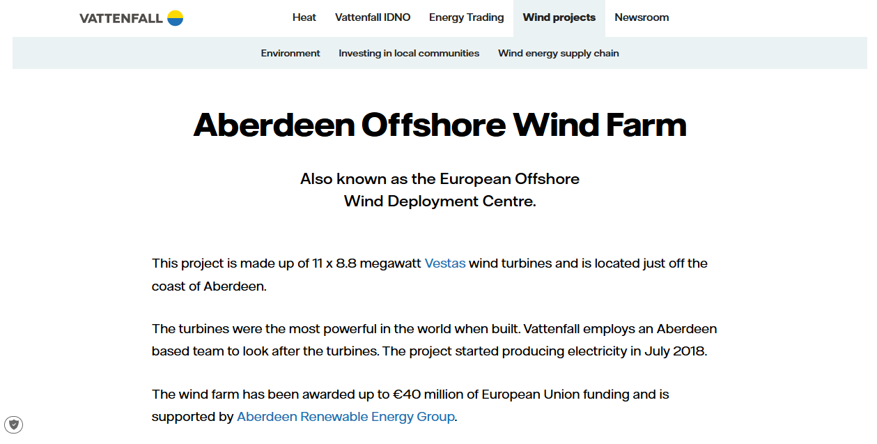 Aberdeen Offshore Wind Farm Ltd website homepage