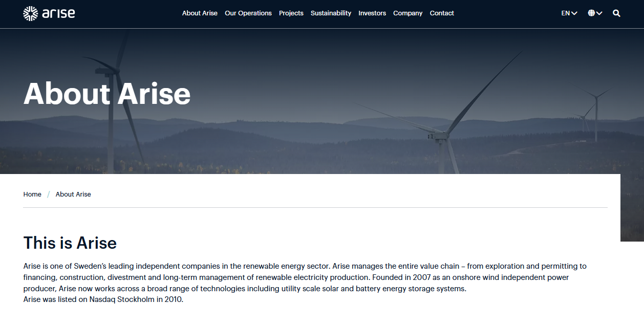 Arise Renewable Energy UK Ltd website homepage