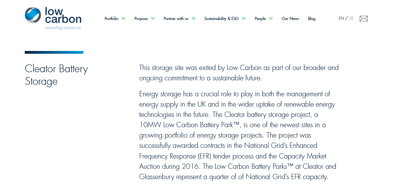 Cleator Battery Storage Ltd website homepage
