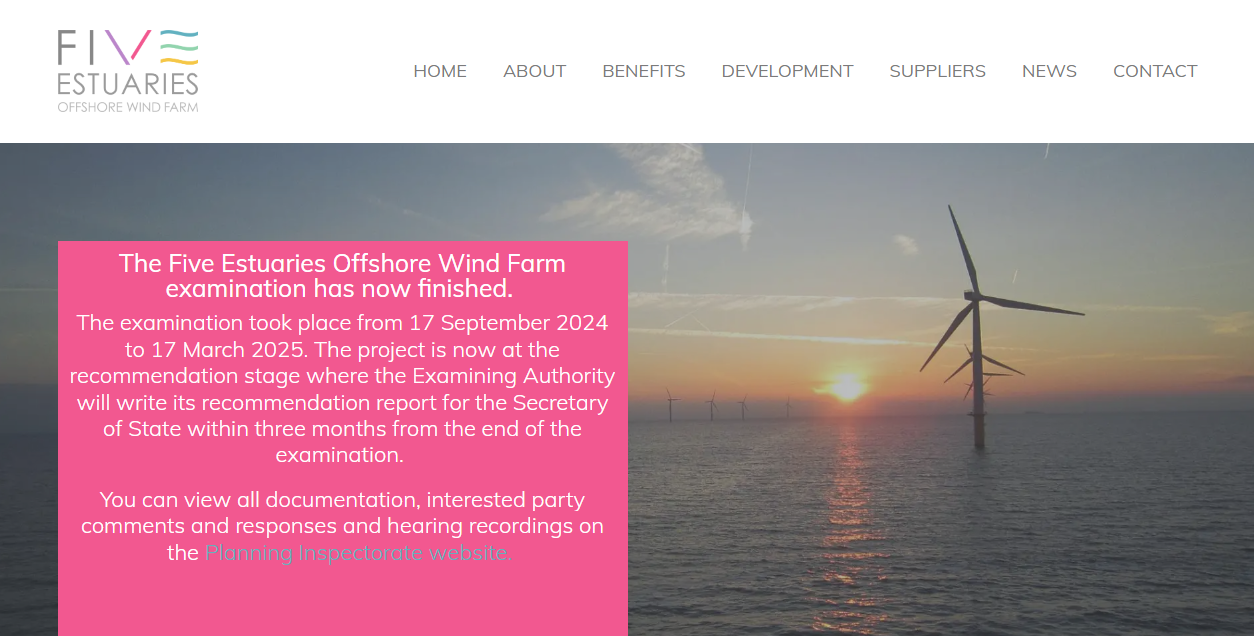 Five Estuaries Offshore Windfarm Ltd website homepage