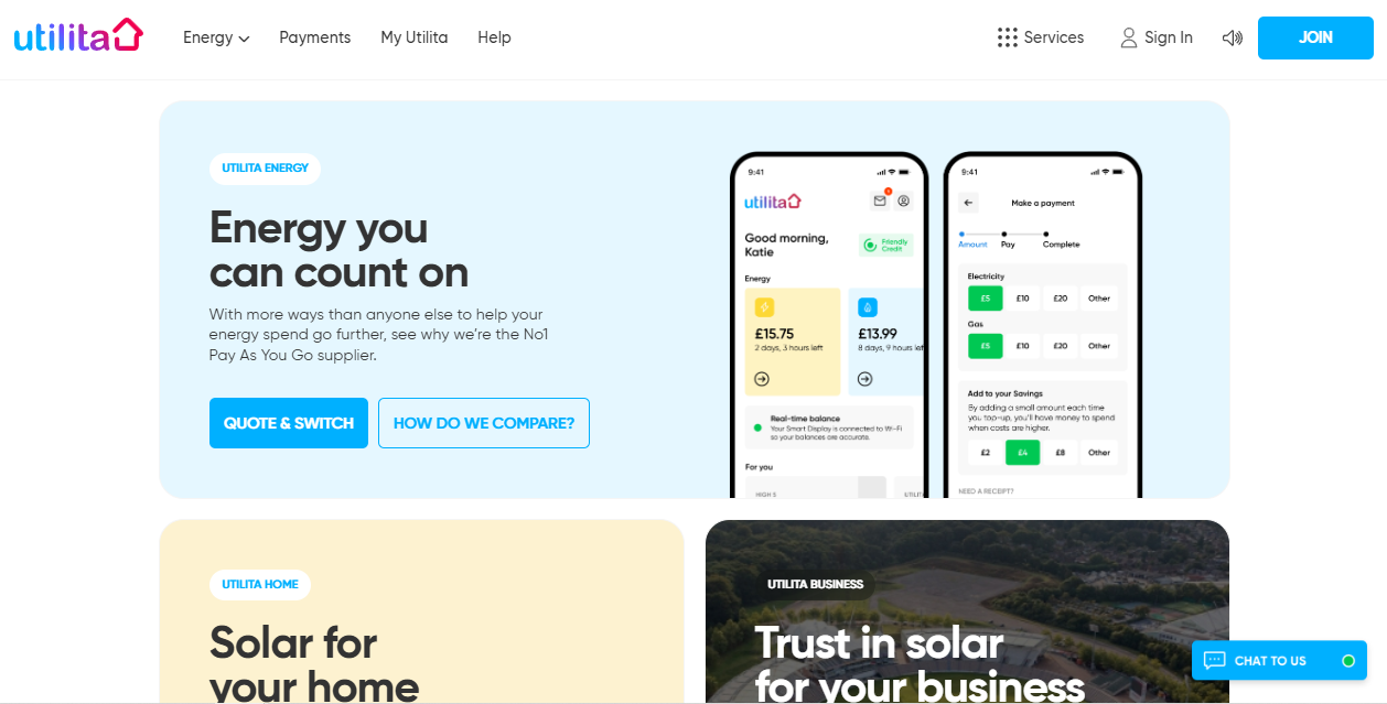 Utilita Energy Ltd website homepage