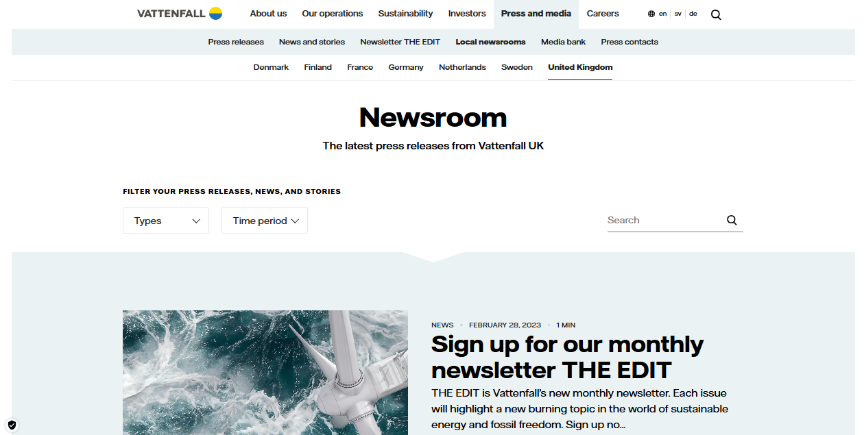 Vattenfall Wind Power Ltd website homepage